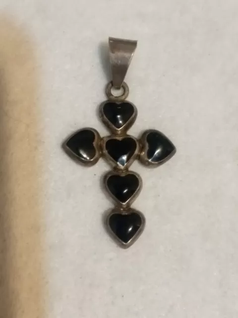 TAXCO Mexico Black Onyx Cross Heart Pendant 925 Sterling Silver Vintage