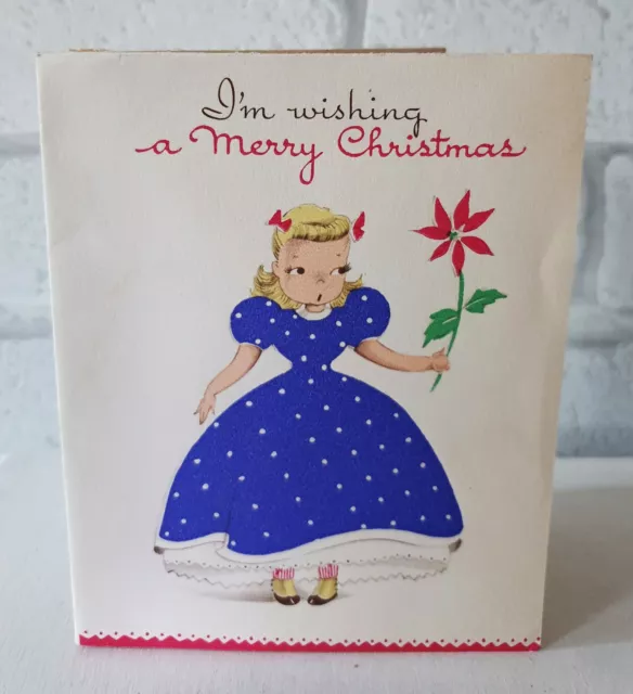 Vintage 1950s Merry Christmas Lady Poinsettia Mid Century Greeting Card (EB0424)
