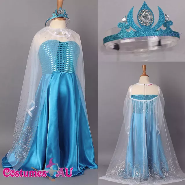 Girl Dress Disney Frozen Elsa Party Birthday Fancy Costume Dress + Cape + Crown