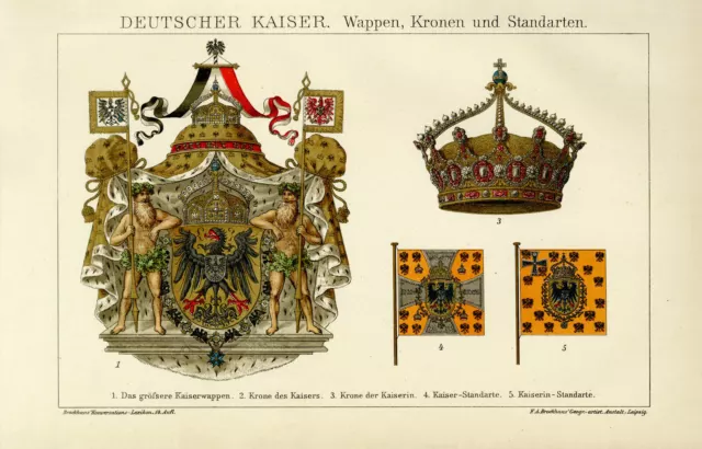Deutscher Kaiser Wappen Krone historische Bildtafel Chromolithographie ca. 1892