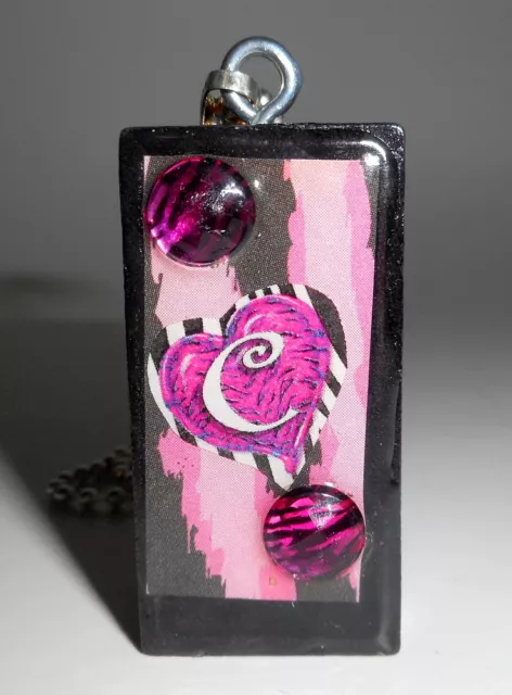 Pink Black Zebra Initial C Collage Domino Necklace Pendant Reclaimed Mixed Media