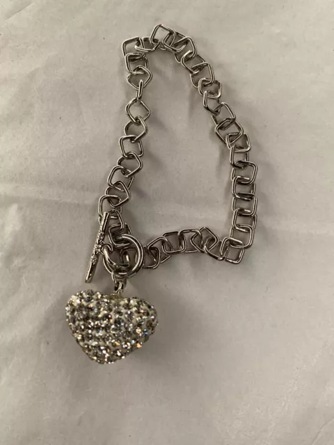 VTG 90S SILVERTONE puff pave rhinestone heart charm bracelet $19.00 ...