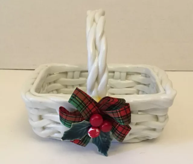 Vintage White Glazed Porcelain Ceramic Woven Pottery Basket Weave Planter