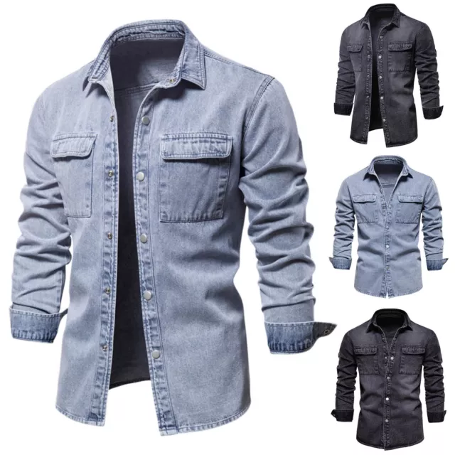 Mens Fashion Simple Loose Pocket Fitting Jeans Non Iron Solid Long Sleeve Shirt