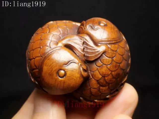 Japanese boxwood hand carved two fish carp statue wealth netsuke pendant Gift