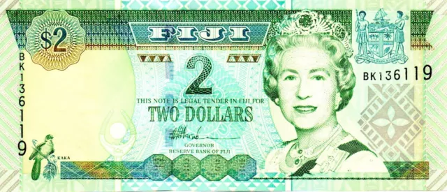 2002 Fiji 2 Dollar Bank Note P 104 Queen Elizabeth II as pictured BK136119