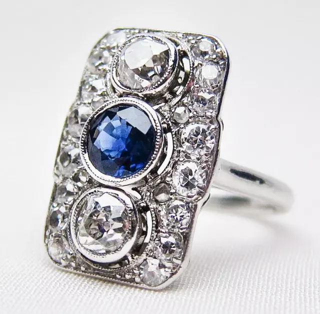 French Art Deco Style Bezel Set Blue Sapphire & White CZ 925 Silver Women's Ring