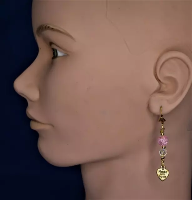 Vintage Signé Made with Love Doré Pendantes Cœur Forme Percé Boucles D'Oreilles