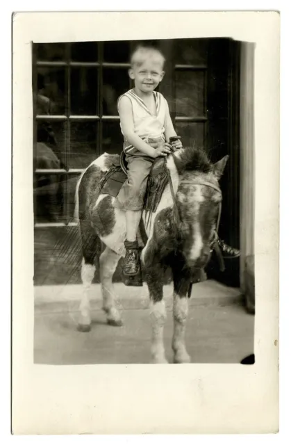 Antique Real Photo Postcard Smiling Boy on Pony RPPC