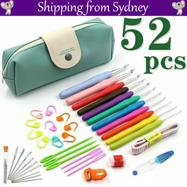 52PCS Crochet Hooks Set Kit Yarn Knitting Needles Sewing Tools Grip With Bag AU