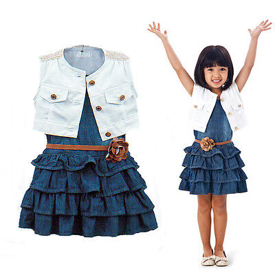 3pcs Toddler Infant Girls Outfits Denim Dress+ waistcoat +Belt Party Clothes Set