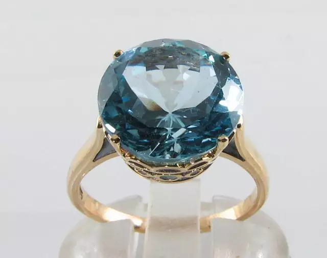 Big 9K 9Ct Gold Blue Topaz Solitaire Round Art Deco Ins Ring Free Resize