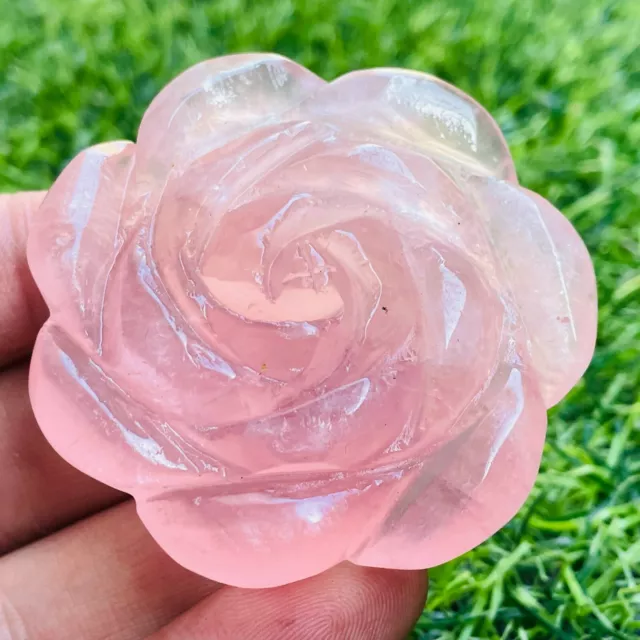 2" Natural pink rose Quartz hand Carved Crystal rose flower reiki Healing 1pc