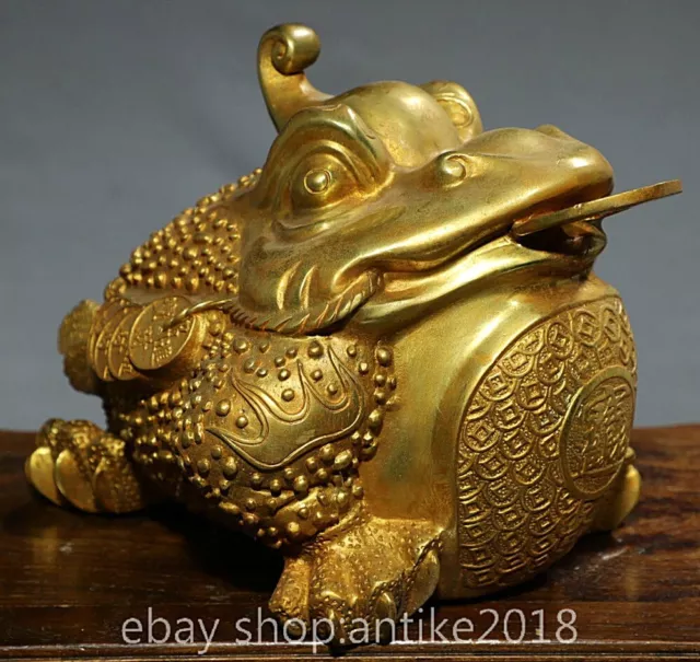 11.6" Old Chinese Copper Gild Dynasty Fengshui Golden Toad coin wealth Statue