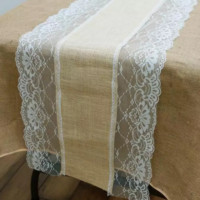 2 Dozen LACE BURLAP 24 TABLE RUNNER 14x108" Wholesale Country Wedding Party SALE