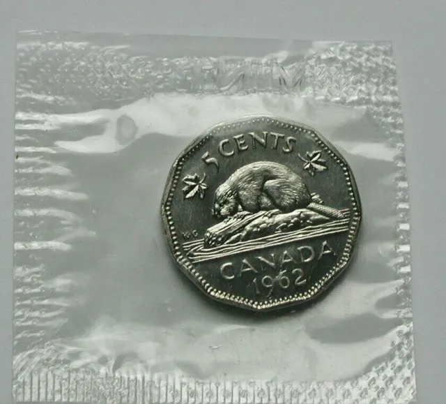 1962 CANADA Elizabeth II Nickel Coin 5 Cents UNC (in pliofilm cut from mint set)