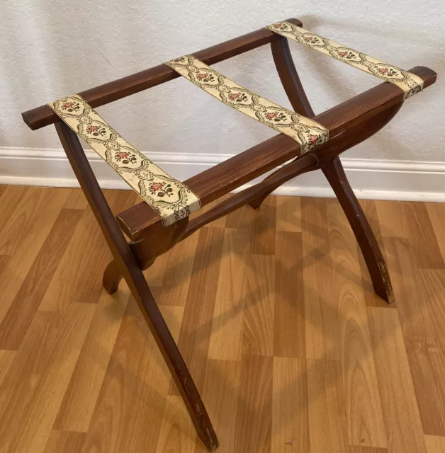 Vintage Scheibe Wood Luggage Suitcase Folding Rack Stand Tapestry Fabric Strips