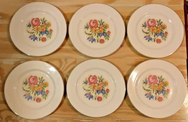 9" Dinner Plates Petit Point by HARKER POTTERY CO. Made in USA - Set of 6 - Mint