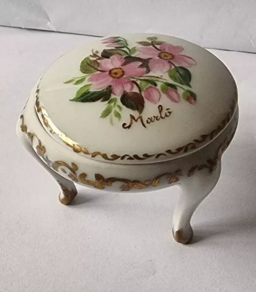 Limoges 3 Legged Lidded Dressing Table Trinket Pot Decoro a Mano signed "Marlo"