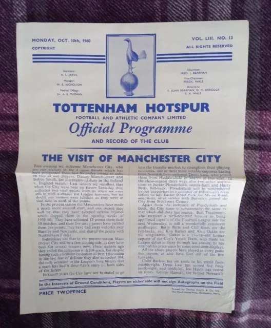 1960/61 Division One - TOTTENHAM HOTSPUR v. MANCHESTER CITY (Double season)