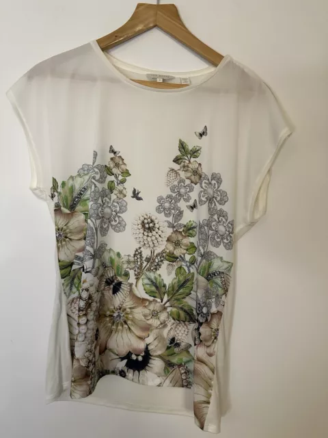 Ladies Ted Baker Size 3 UK 12 Cream Floral Satin Front T-shirt Top