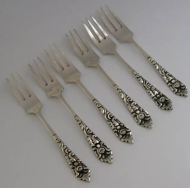 SET of SIX YOGYA 800 SOLID SILVER CAKE PASTRY FORKS c1940 INDONESIA JAVA 75g