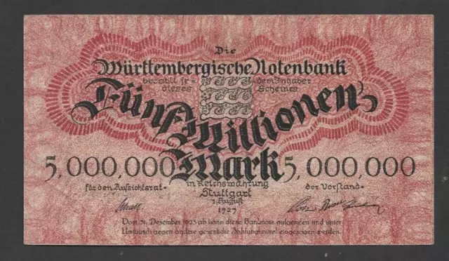 5 000 000 Mark Vf   Banknote From Germany/Württemberg  Bank  1923   Pick-S988