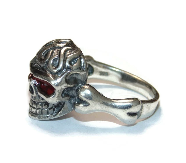 925 Sterling Silver Men Punk Rocker Biker Skull Bone Signet Ring Size 10.5