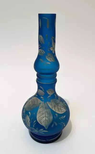 Antique Victorian Blue Satin Glass Vase Rose Water Sprinkler Bottle Hand Painted