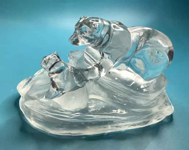 Glass Polar Bear And A Cub Figurine Clear On Frosted Piece Of Ice 5.5 inches VTG