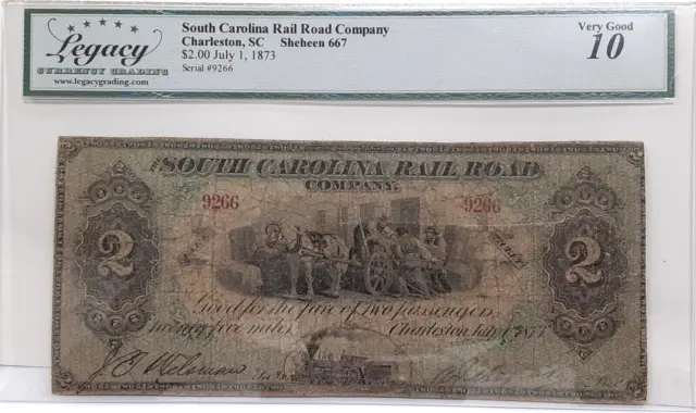 1873 SC Railroad Co. at Charleston $2 Note Sheheen 667 Legacy VG-10 W/Comments