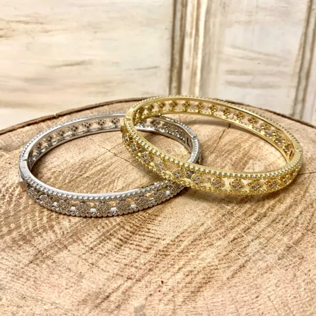 High-end Brand Style Gold plated ball trim pave 4 leaf bangle stunning bracelet