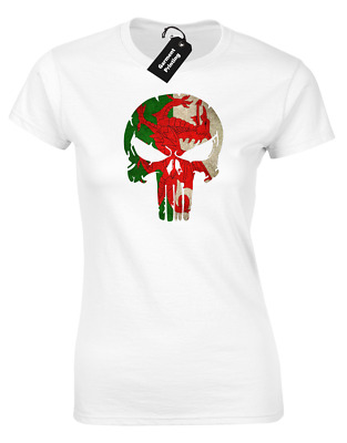 Wales Skull Flag Ladies T Shirt Welsh Rugby Football Fan Gift Present Idea Cool