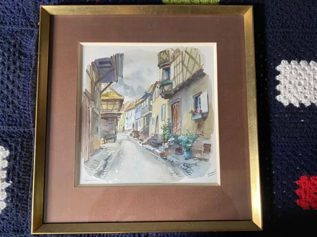 Gérard MEYER Eguisheim Village d'Alsace aquarelle vers 1970 30x30 cm Superbe 2