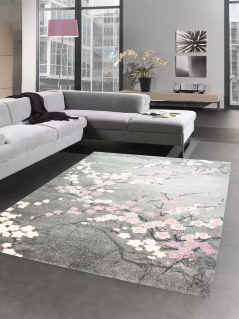 Tapis designer salon tapis motif floral rose gris