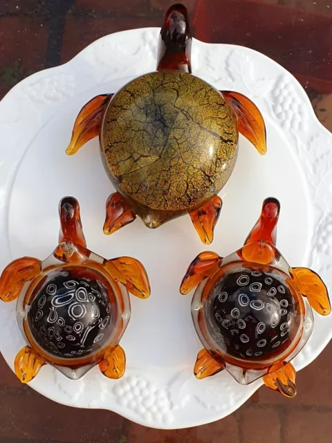 Vintage Murano Glass Italian Hand-Blown Sea Turtle with two babies Figurine