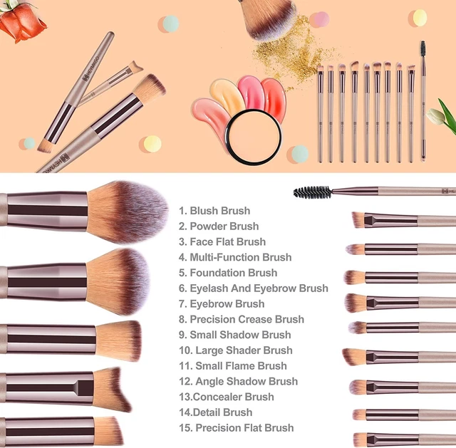 Pennelli Make Up Professionali Set di 15 Pennelli Trucco Champagne 4