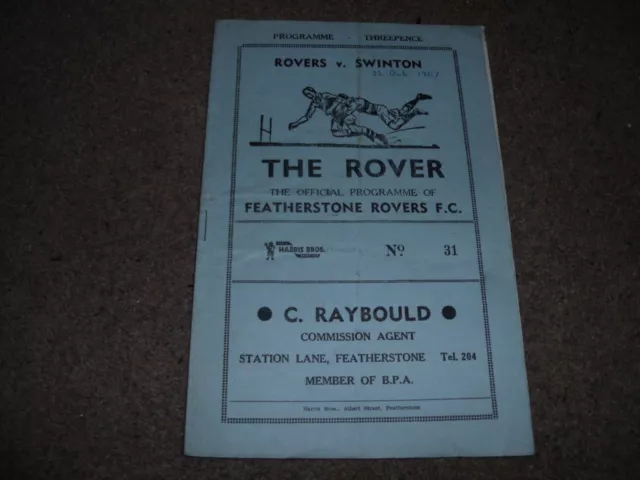 Rugby League Programme Featherstone Rovers V Swinton 26Th October 1957