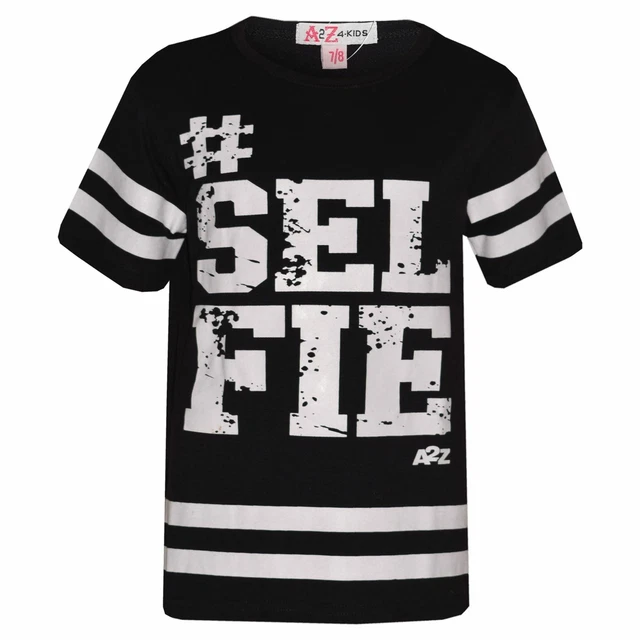 Girls Top Kids Designer's #Selfie Print Trendy Fashion T Shirt Top Age 7-13 Year