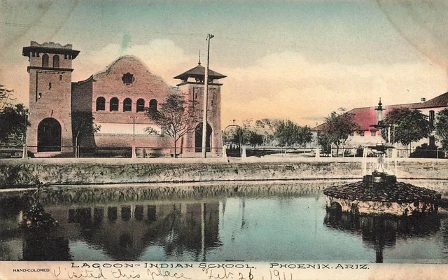 Arizona Hand Colored Postcard: View Of Lagoon Indian School Phoenix, Az