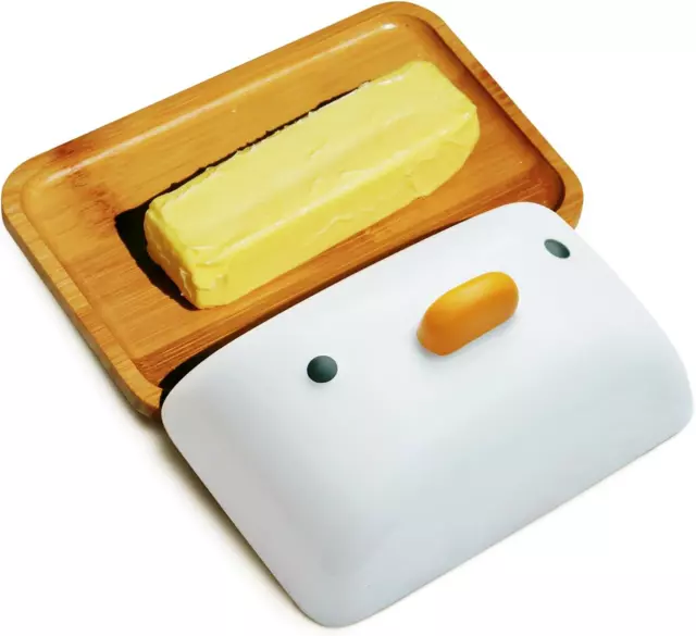 Cute Butter Pan, Duck Butter Dishes for Countertop, Bamboo Dish with Porcelain L