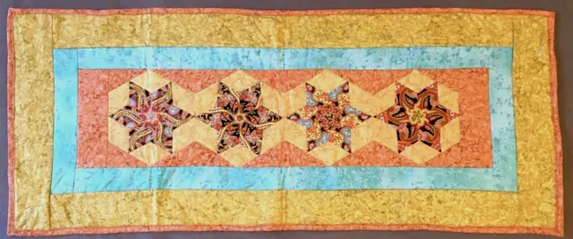 Quilted Star Table Runner 16x38.5" Yellow Blue Orange Paisley Handmade
