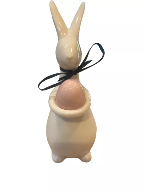 Rabbit Bunny White Ceramic 8"  Pink Egg Cute Easter  Design Figurine