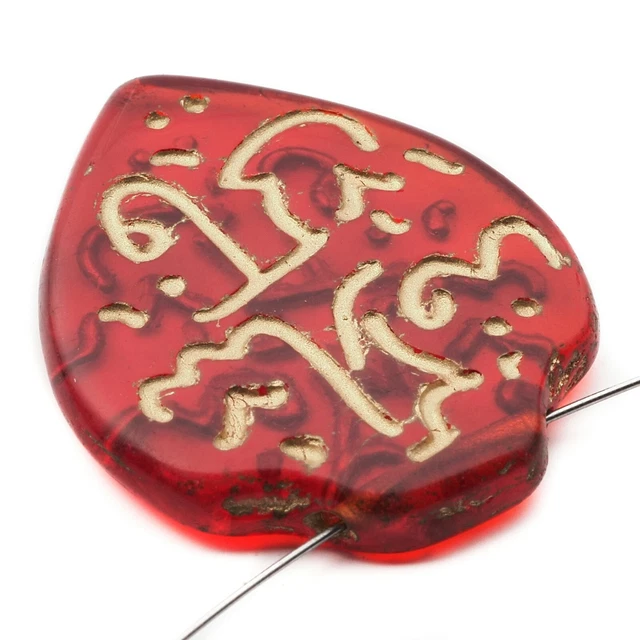 Vintage Czech gold gilt oriental red heart pendant glass bead 34mm 2