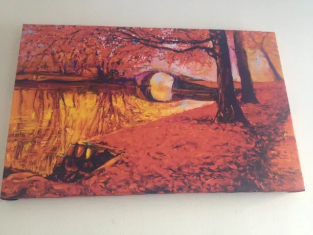Autumn Leaves Red Bridge Over River Framed Ready To Hang Wooden Canvas 2