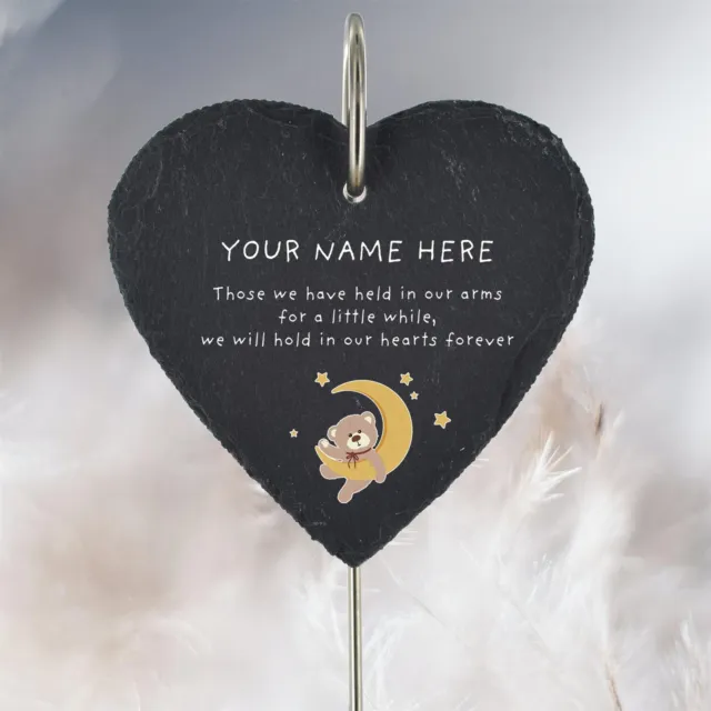 Personalised Childs Grave Stick Marker Moon & Bear Plaque Slate Heart Memorial