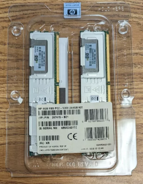Hp 8Gb (2X4Gb) 397415-B21 Pc2-5300 Ddr2 Sdram Ecc Memory Kit 398708-061