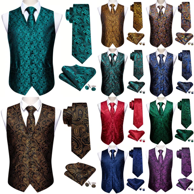 Mens Waistcoat Vest Black Blue Red Paisley Dress Neck Tie Hankie Set Suit Tuxedo