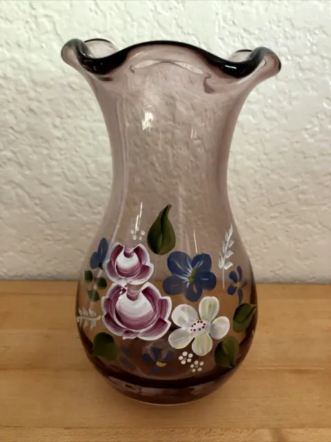Fenton for Teleflora Ruffled Purple Amethyst Glass Vase 8" Hand-Painted Floral