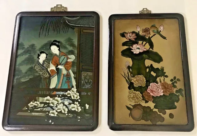 Chinese Pair Reverse Glass Hand Painting Ladies in Balcony & Floral /Bird Scenes